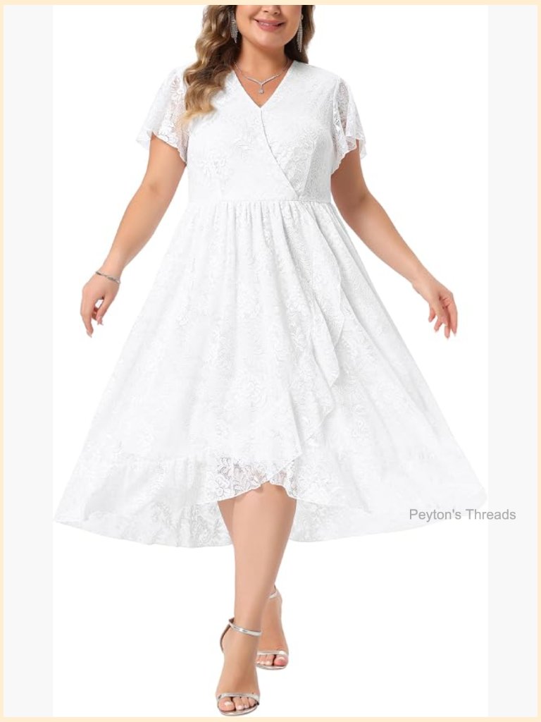 Plus Size Lace Cocktail Dress Faux Wrap V-Neck Short Sleeve Flowy A-Line Midi